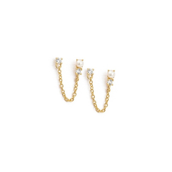 Julia Double Studs Elegant Gold Chain Earrings - Picture 1 of 5